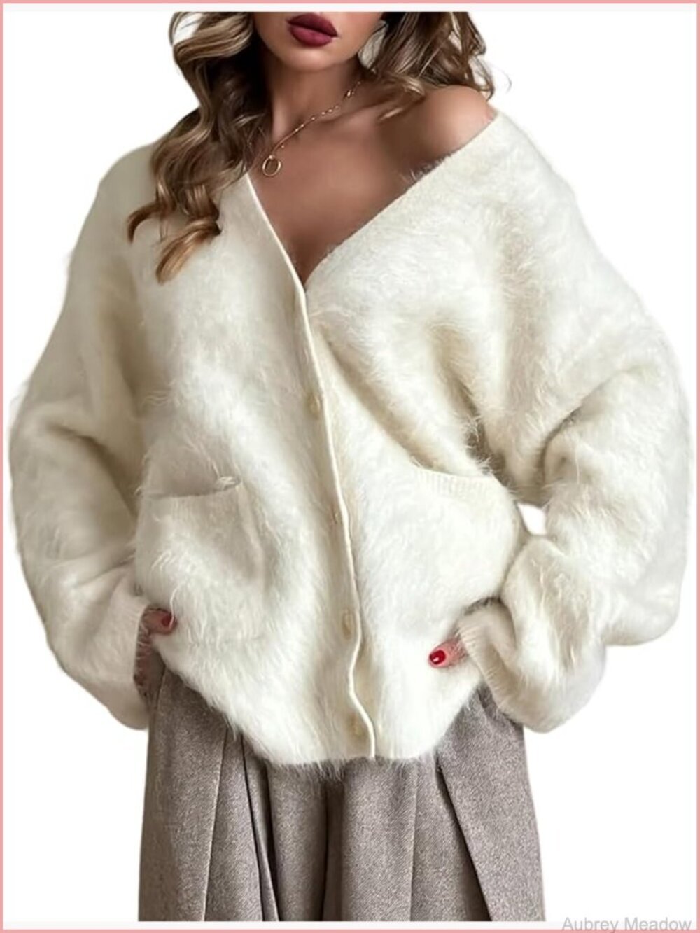V Neck Fuzzy Cardigan Sweater Long Sleeve Button Down Knit Furry Sweater with